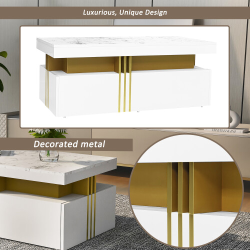 Marble Pattern Coffee Table with 2 Drawers, 100*50*40cm, Modern Living Room Storage Table 2