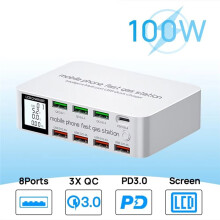 100-W-USB-Ladestation mit 3 QC3.0-Schnellladeanschlüssen, 20-W-PD-USB-Typ-C-Anschluss, LCD-Display, Schnellladegerät und EU-Stecker