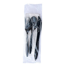 Disposable Cutlery Set Black 4Piece Plastic Silverware Kit with Fork Knife Spoon Napkin Individually Wrapped 250 Pack