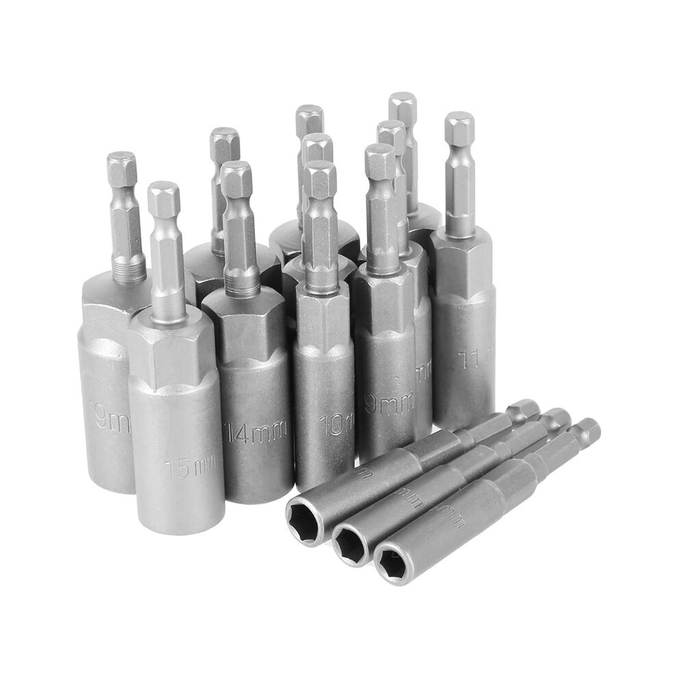 14Pcs Hexagonal Sockets Set, 6-19Mm Deep Socket Adapter Kit Hex Shank Nut Driver Bits Set Quick Change Nut Setter 6031227303869