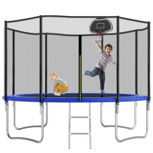 (Blue) 12FT Outdoor Trampoline with Safety Net, Basketball Hoop & Ladder, 300kg Capacity