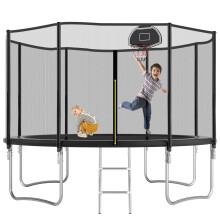 12FT Outdoor Trampoline with Safety Net, Basketball Hoop & Ladder, 300kg Capacity