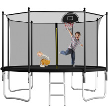(Black) 12FT Outdoor Trampoline With Basketball Hoop, Garden Trampoline With Safety Net & Ladder, Available For Toddlers And Adults, Up to 150kg