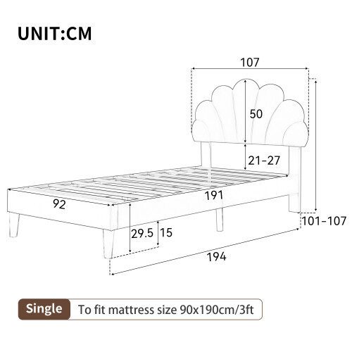 (Beige) Single Velvet Bed Frame with Adjustable Petal Headboard, 3ft 1