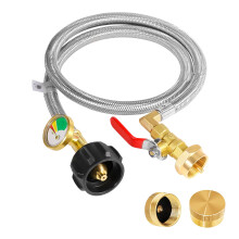 Propane Refill Adapter Hose 4FT Stainless Steel with Gauge and On Off Valve for 1 lb Tanks from 20 lb Tank