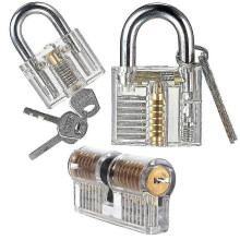 Conjunto de 3 cadeados de treino, cadeado transparente com chave e cristal para chaveiro iniciante.