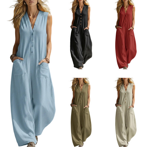 Women's Summer Romper With Pockets Sleeveless V Neck-Red S 2