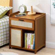 Modern Rattan Nightstand with Drawer, Small Bamboo Bedside Table with Bidirectional Sliding Door for Bedroom and Living Room