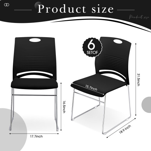 6 Pack Stackable Plastic Chairs with Ergonomic Back Support and Steel Sled Base for Office Conference Room Black 2