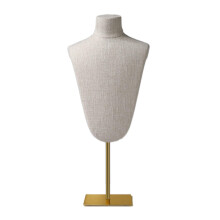 Adjustable Gold Necklace Display Stand with Metal Mannequin Bust and Stable Linen Base for Home and Store