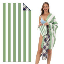 Oversized Sand Microfiber Beach Towel Green Striped Quick Dry Lightweight for Travel 31x63 Inch
