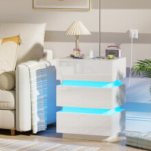 3 Drawers LED Bedside Table Wooden Bedside Cabinet with Power Outlet for Bedroom Living Room