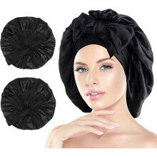 (Black+black) Homelove Pack of 2 Satin Sleeping Bonnet, Large Satin Sleep Bonnet with Long Strap, Adjustable Sleep Cap Hair Bonnet for Women & Men