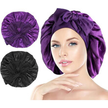 (Black+Purple) Homelove Pack of 2 Satin Sleeping Bonnet, Large Satin Sleep Bonnet with Long Strap, Adjustable Sleep Cap Hair Bonnet for Women & Men