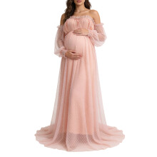 Airy Mesh Overlay Maternity Dress with Elegant Train-Pink XL