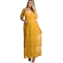 Beautiful Long Lace Dress High Waist Gown for-g yellow XL