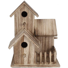 Wooden Hanging Bird House with Fence, Decorative Outdoor Birdhouse Cabin for Small Birds, 8.1x6.1x6.1 Inch