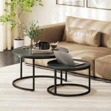 HOMCOM 2 Pcs Stacking Coffee Table Set Steel Frame, Black Wood Grain