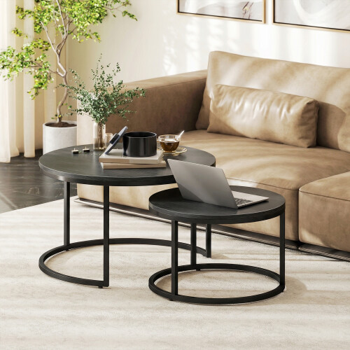 Homcom HOMCOM 2 Pcs Stacking Coffee Table Set Steel Frame, Black Wood Grain