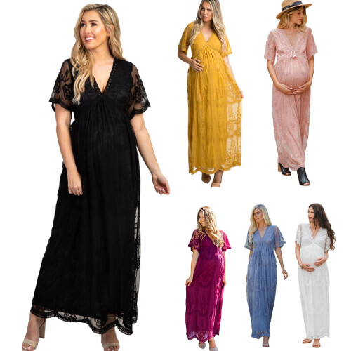 Comfortable Polyester Long Lace Dress for Expecting-Pink M 1