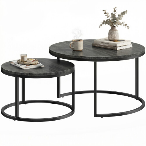 Homcom HOMCOM 2 Pcs Stacking Coffee Table Set Steel Frame, Black Wood Grain 1