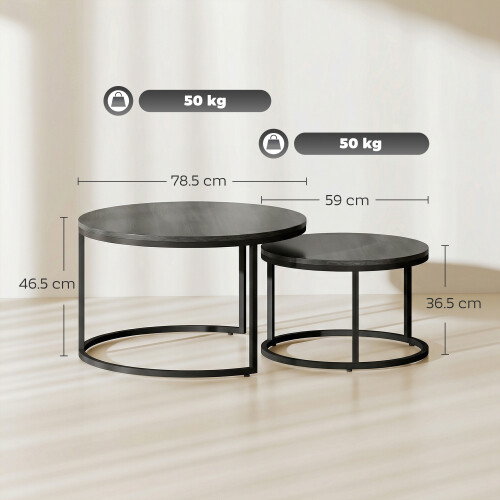 Homcom HOMCOM 2 Pcs Stacking Coffee Table Set Steel Frame, Black Wood Grain 2