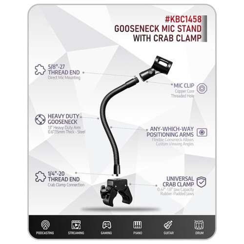 Suporte de Microfone com Pescoço de Ganso de 30 cm com Presilha Super Crab, Suporte Flexível para Braço de Microfone, Compatível com Estantes de 2