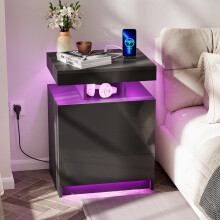 3 Drawers LED Bedside Table Wood Bedside Cabinet with Charging Station for Bedroom Living Room