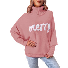 (coralred, M) Arvbitana Women's Christmas Sweaters Long Sleeve Turtleneck Knit Pullover Letter Embroidery Knitwear Jumper Casual Cozy Tops