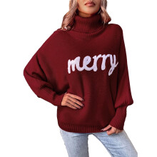 (winered, M) Arvbitana Women's Christmas Sweaters Long Sleeve Turtleneck Knit Pullover Letter Embroidery Knitwear Jumper Casual Cozy Tops