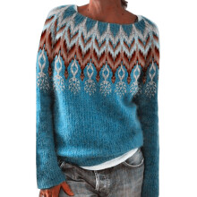(001blue, L) Sweaters for Women Novelty Fair Isle Printed Boat Neck Pullover Sweaters Soft Warm Christmas Kintted Jumper Tops Shermie
