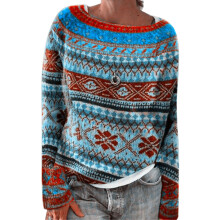 (blue, XL) Sweaters for Women Novelty Fair Isle Printed Boat Neck Pullover Sweaters Soft Warm Christmas Kintted Jumper Tops Shermie