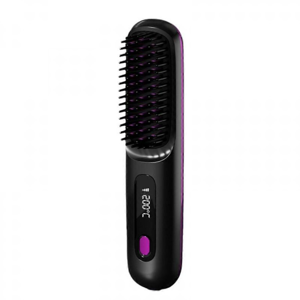 LCD USB Charging Heating Curling Power Comb Hair Straightener Wireless Portable Portable Hair Straightening Comb Black
