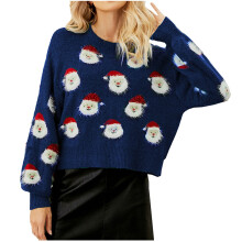 (Dark Blue) JGGSPWM Womens Santa Claus Christmas Sweaters Cute Jumper Gnome Graphic Pullover Long Sleeve Fuzzy Sweater Crew Neck Sweaters Dark Blue L