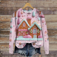 (d, XL) Pink Jumper for Women Sweatshirt Crewneck Vacation Christmas 3D Digital Printing Cute Loose Pullovers Tops