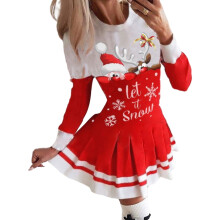 (red, S) Paille Women Ugly Christmas Dress Funny Xmas Long Sleeve Pleated Jumper Pleated Mini Dresses