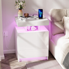 LED Bedside Table Wood Bedside Cabinet with Charging Station & 3 Drawers for Bedroom Living Room