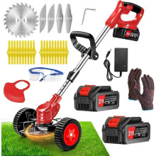 Cordless Weed Wacker Electric Grass Trimmer 21V 4.0Ah Battery 3 in 1 Stringless Brush Cutter Edger Mower with 4 Blade Types and Wheels for Garden Lawn