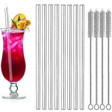 Canudos de vidro reutilizáveis, canudos retos de 20 cm com escova de limpeza - canudos de vidro ecológicos e longos para coquetéis.