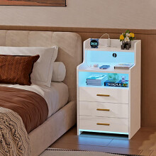 LED Bedside Cabinet with 3 Drawers & Open Shelves Wood Bedside Table for Bedroom Living Room