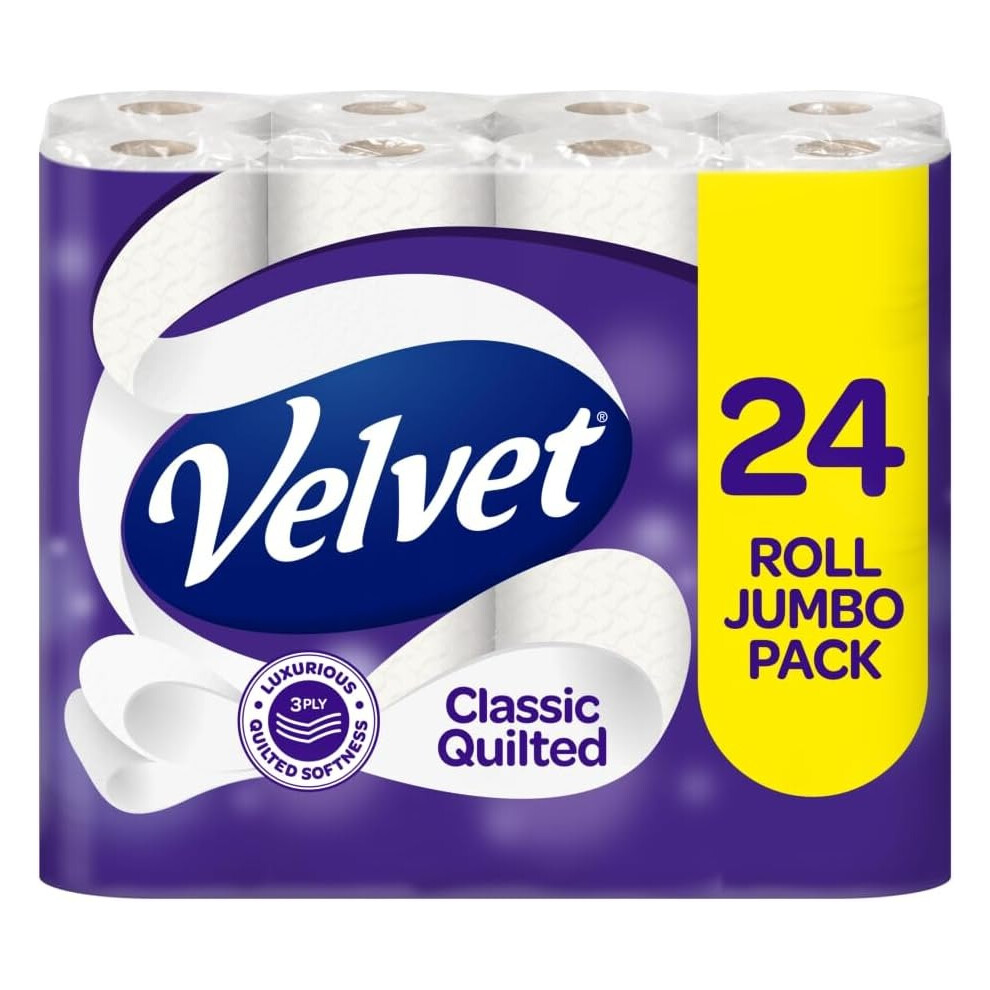 Velvet Classic Quilted Toilet Tissue 24 Rolls - Luxuriously Soft, Strong And Absorbent Toilet Roll - Jumbo Bulk Pack 24 Rolls - 3-Ply - White