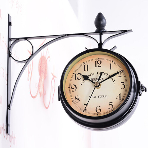 Two Sided Train Station Wall Clock Black Vintage Design Clock Watch