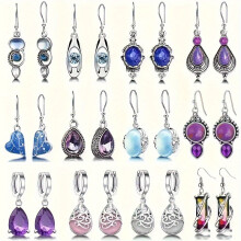 12 Pairs Silver Earrings Set for Women Teardrop Druse Crystal Drop Dangle Earrings for Girls Cubic Zirconia Vintage Bohemian Drop Earrin