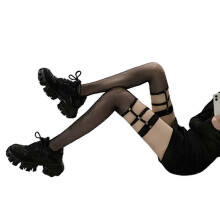 Sexy gothic punk netkousen voor dames, dijhoge kousen met open bovenkant, studs, beenring, jarretelgordel, overknee lange sokken, exotische kostuumli