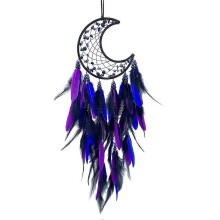 Moon Dream Catcher Handmade Boho Wall Decor with Purple and Blue Feathers for Bedroom or Wedding