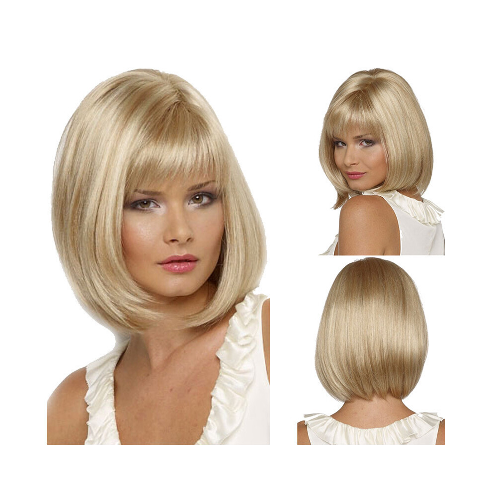 Unisex Natural Blonde Bob Short Straight Wig With Bangs Yqv