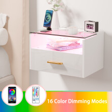 Wall Mounted Bedside Table w/Single Drawer LED Nightstand Bedside Table w/Glass Top & Power Station for Bedroom