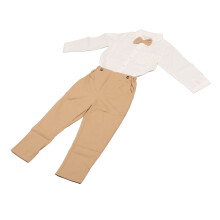 Khaki 2pc Boys Long Cotton Overalls 120cm Bow Tie