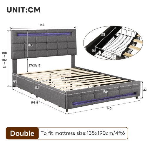 4ft6 Double Bed Frame With LED Storage Drawers Adjustable Headboard,Easy Assembly(No Mattress) 1