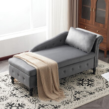 (Grey) Velvet Chaise Lounge Sofa with Storage Right Arm Tufted, for Living Room,Bedroom and Office